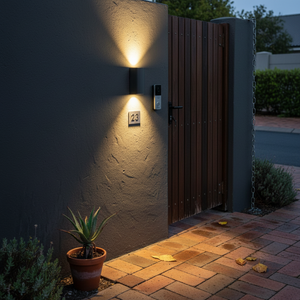 Modern outdoor setting with a closed wooden gate, wall-mounted light fixture, and potted plant.