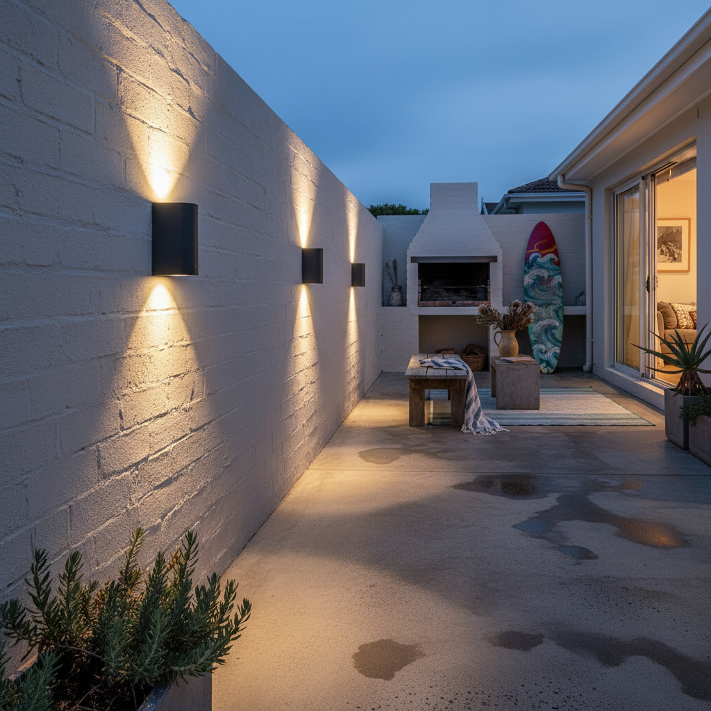 Modern outdoor patio with wall lights, barbecue, and surfboard at dusk.