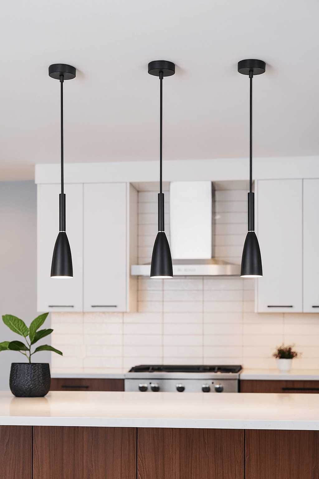 Modern kitchen with black pendant lights, white cabinets, and a tiled backsplash.