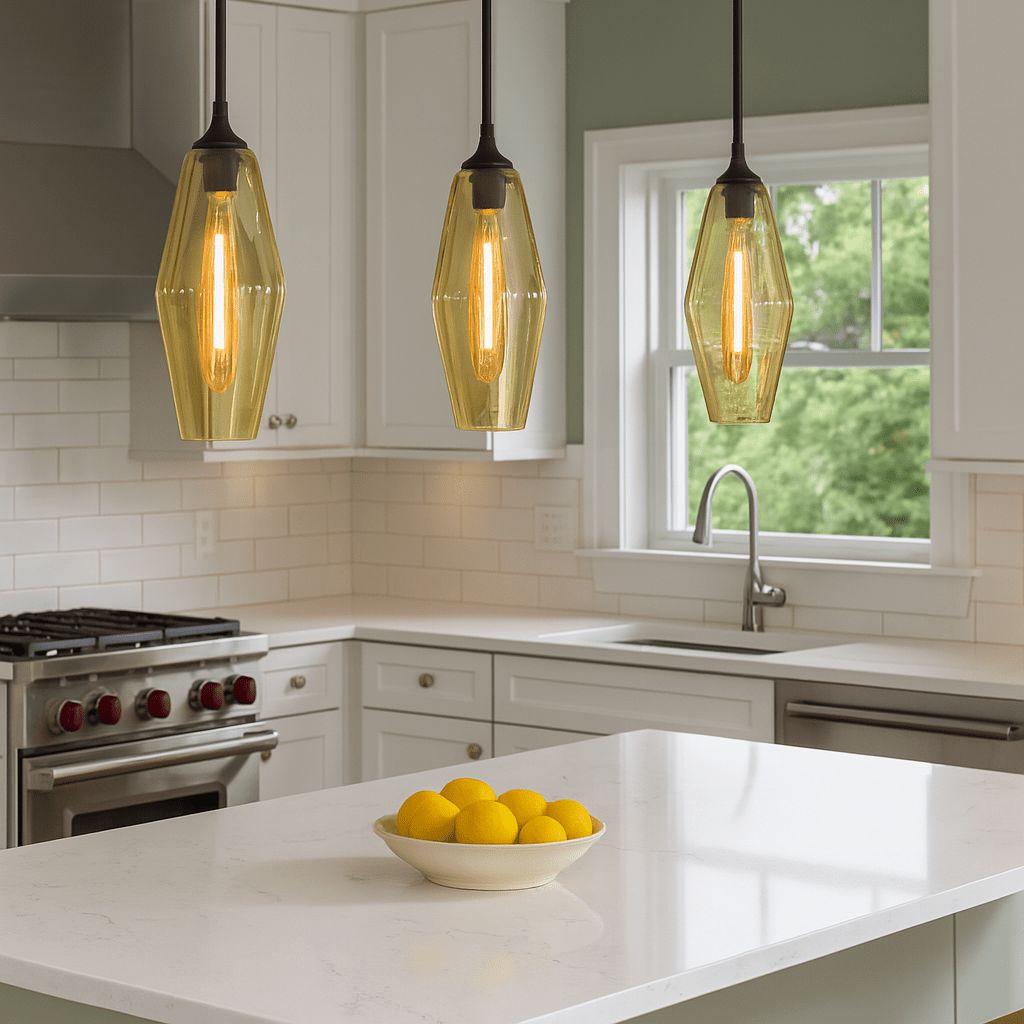 Modern kitchen with pendant lights hanging above a countertop.