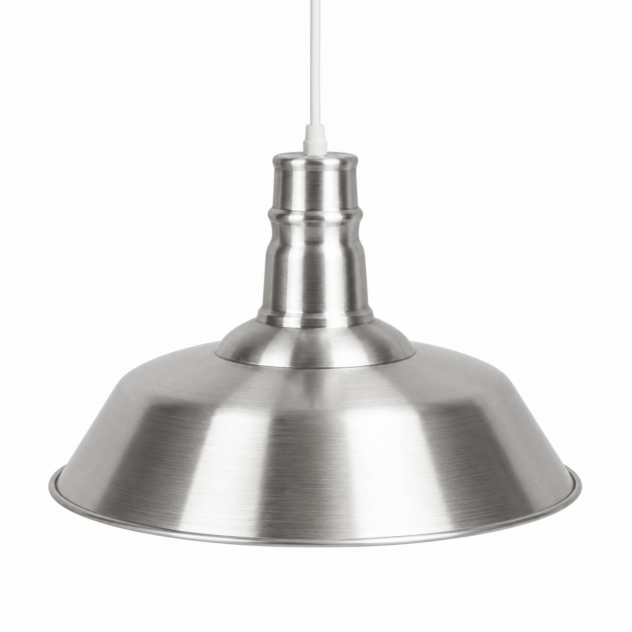 Close-up of a traditional LED pendant light with a brushed aluminum finish, showcasing its classic design.