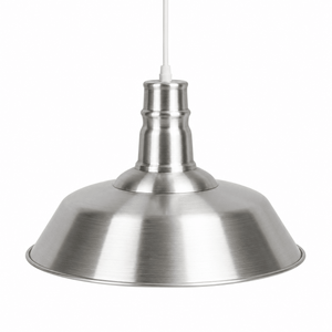 Close-up of a traditional LED pendant light with a brushed aluminum finish, showcasing its classic design.