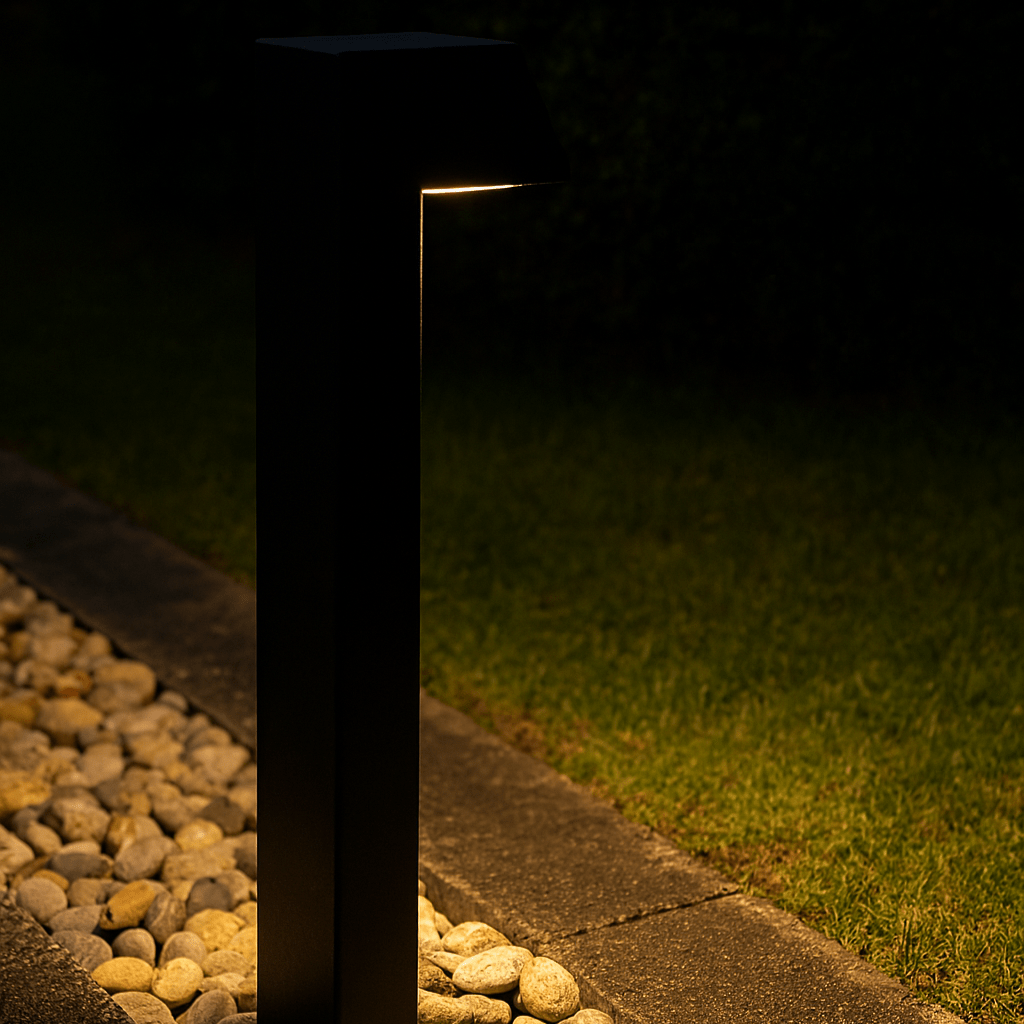 Modern outdoor light fixture on a pebble path at night