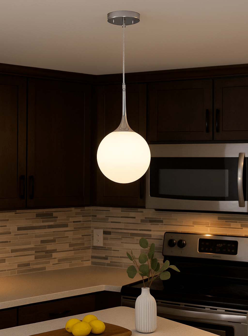 Modern kitchen with pendant light, microwave, and stove.