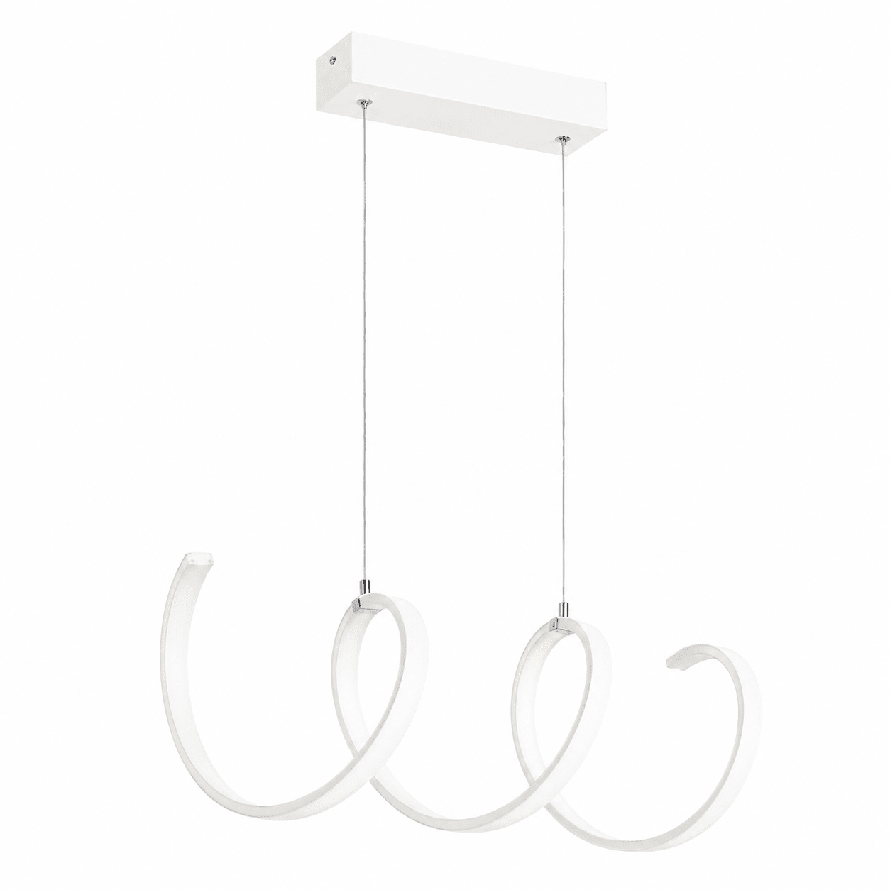 Modern pendant light with three curved arms on a white background
