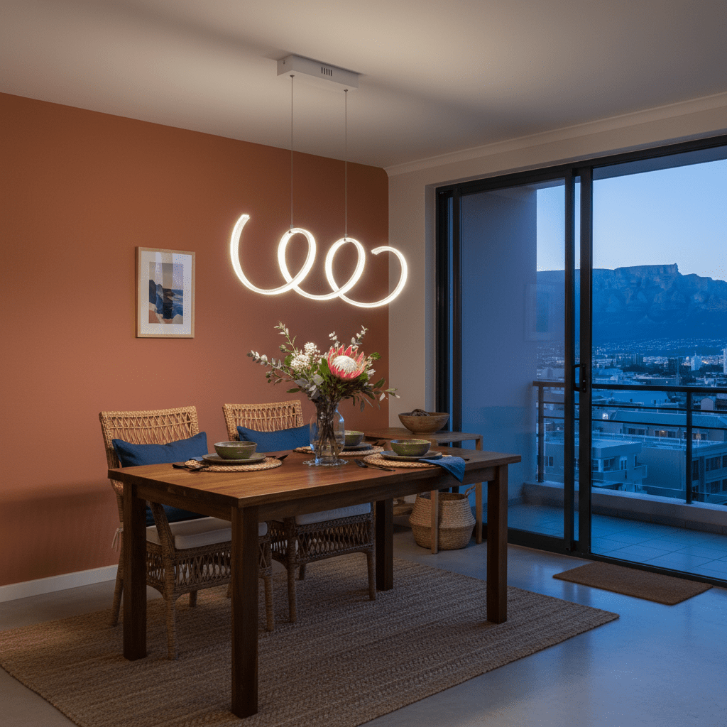 Stylish dining area featuring a modern LED pendant light above a wooden table with floral centerpiece.