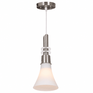 Sleek white satin chrome pendant light with a glass shade, suspended from a ceiling mount.
