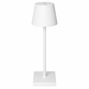 White rechargeable table lamp with a modern design and touch control for brightness adjustment.