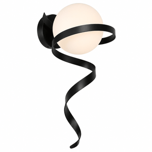 Black Infinity Wall Light featuring a round glass shade wrapped in a flowing black ribbon design.