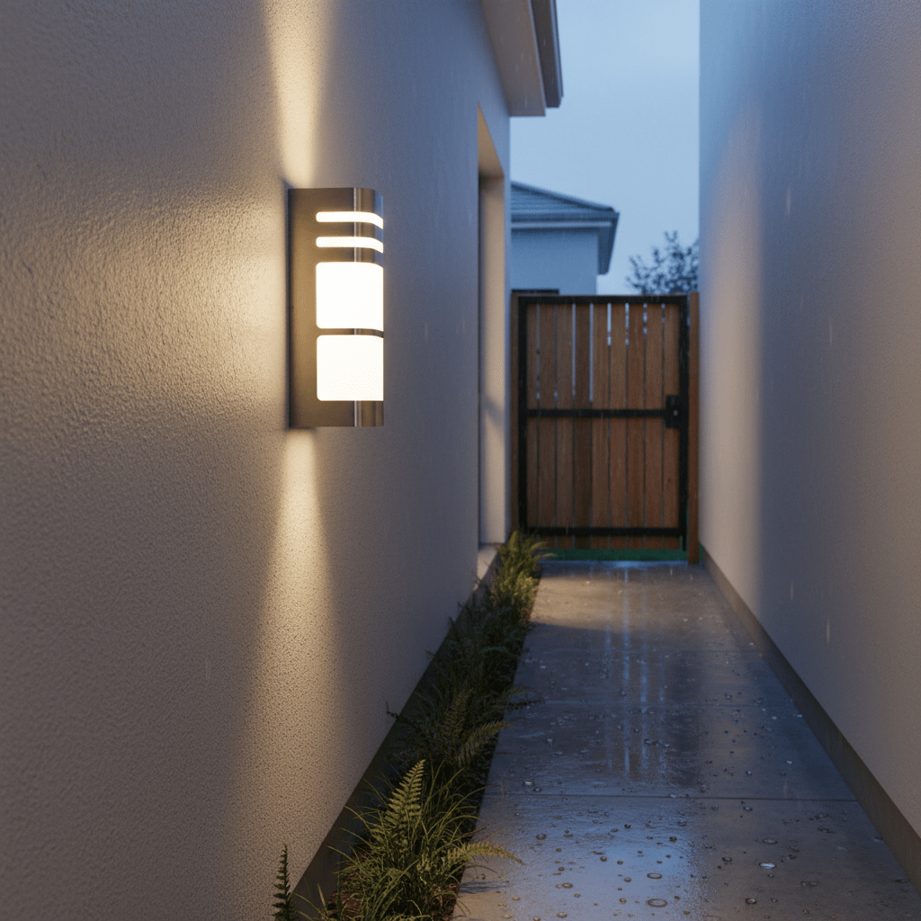 Stainless steel outdoor wall light with three illuminated panels mounted on a textured wall
