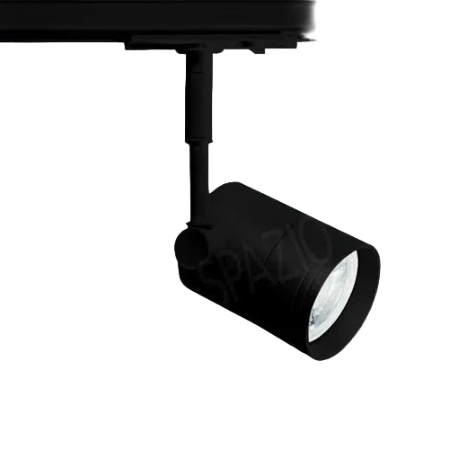 Black track light fixture on a white background