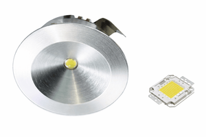 Metallic LED light fixture component on a white background