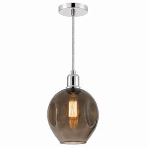 Pendant light with smoked glass shade and chrome finish on a white background