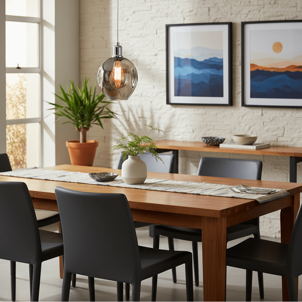 Polished chrome pendant light with smoke glass shade hanging over a wooden dining table in a modern setting.
