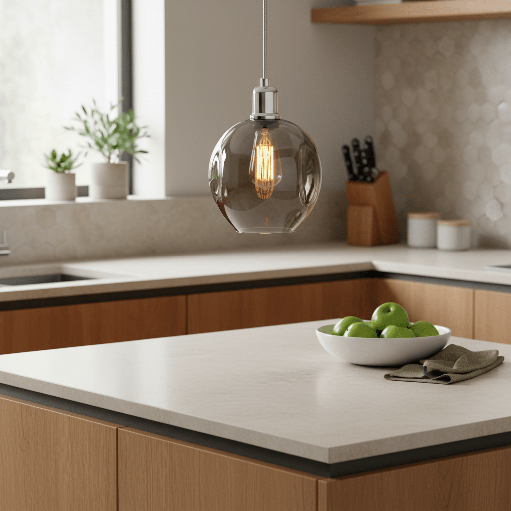 Polished chrome pendant light with smoke glass shade hanging above a kitchen countertop with green apples.