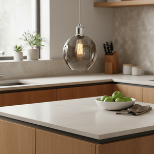 Polished chrome pendant light with smoke glass shade hanging above a kitchen countertop with green apples.