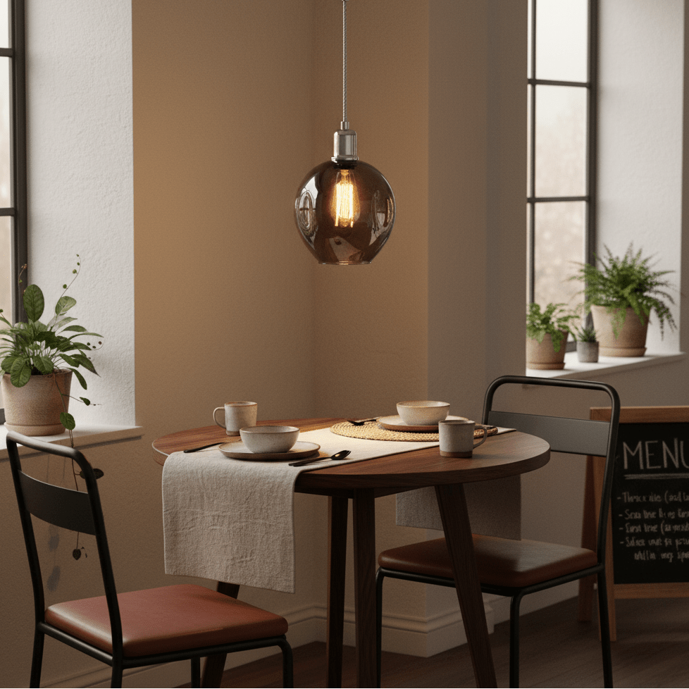 Polished chrome pendant light with smoke glass shade hanging above a dining table set with dishes.