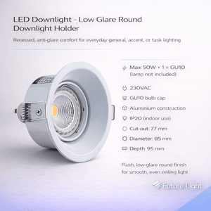 Close-up view of a round LED downlight holder with GU10 bulb cap, showcasing its sleek design and installation details.