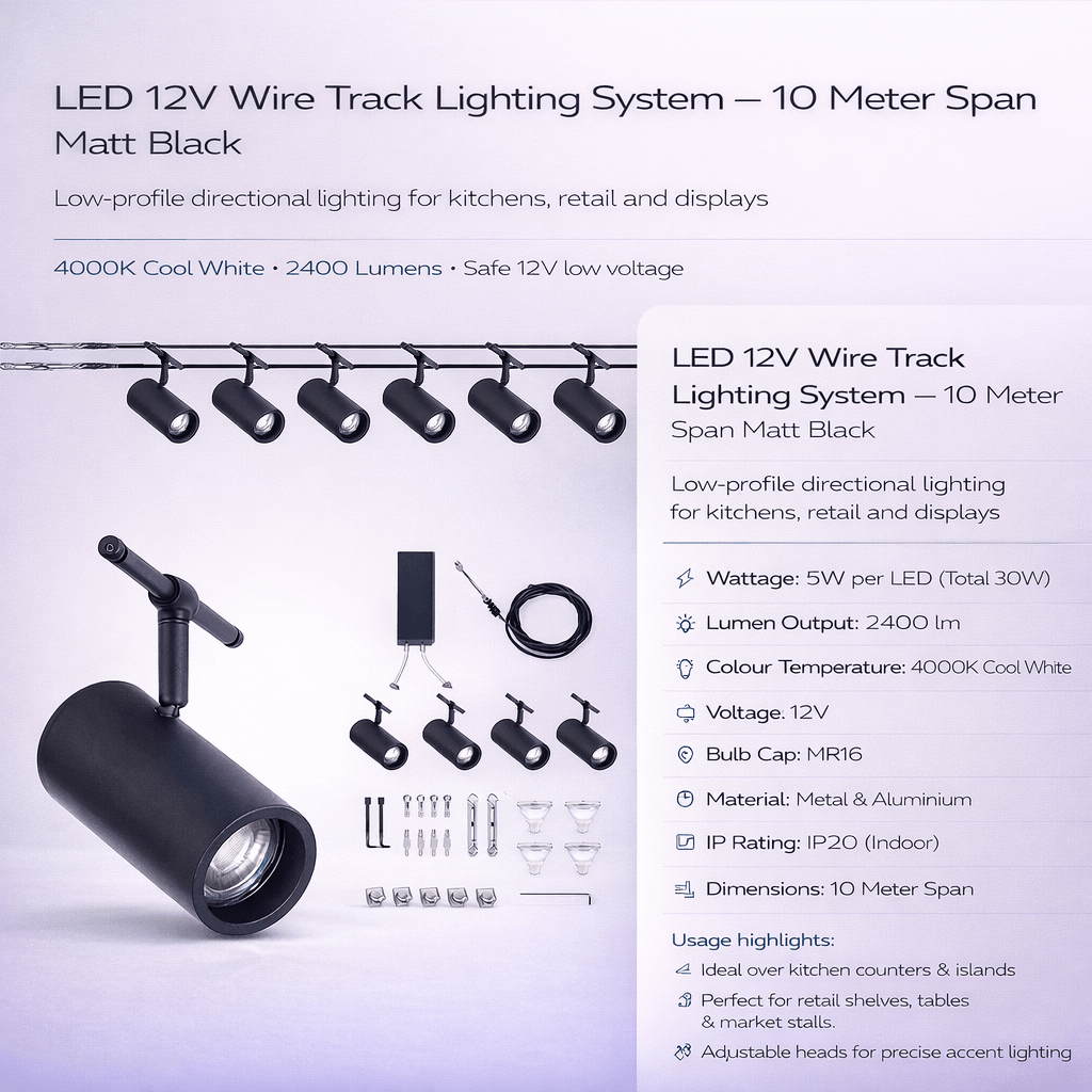 LED 12V Wire Track Lighting System - 10 Meter Span Matt Black