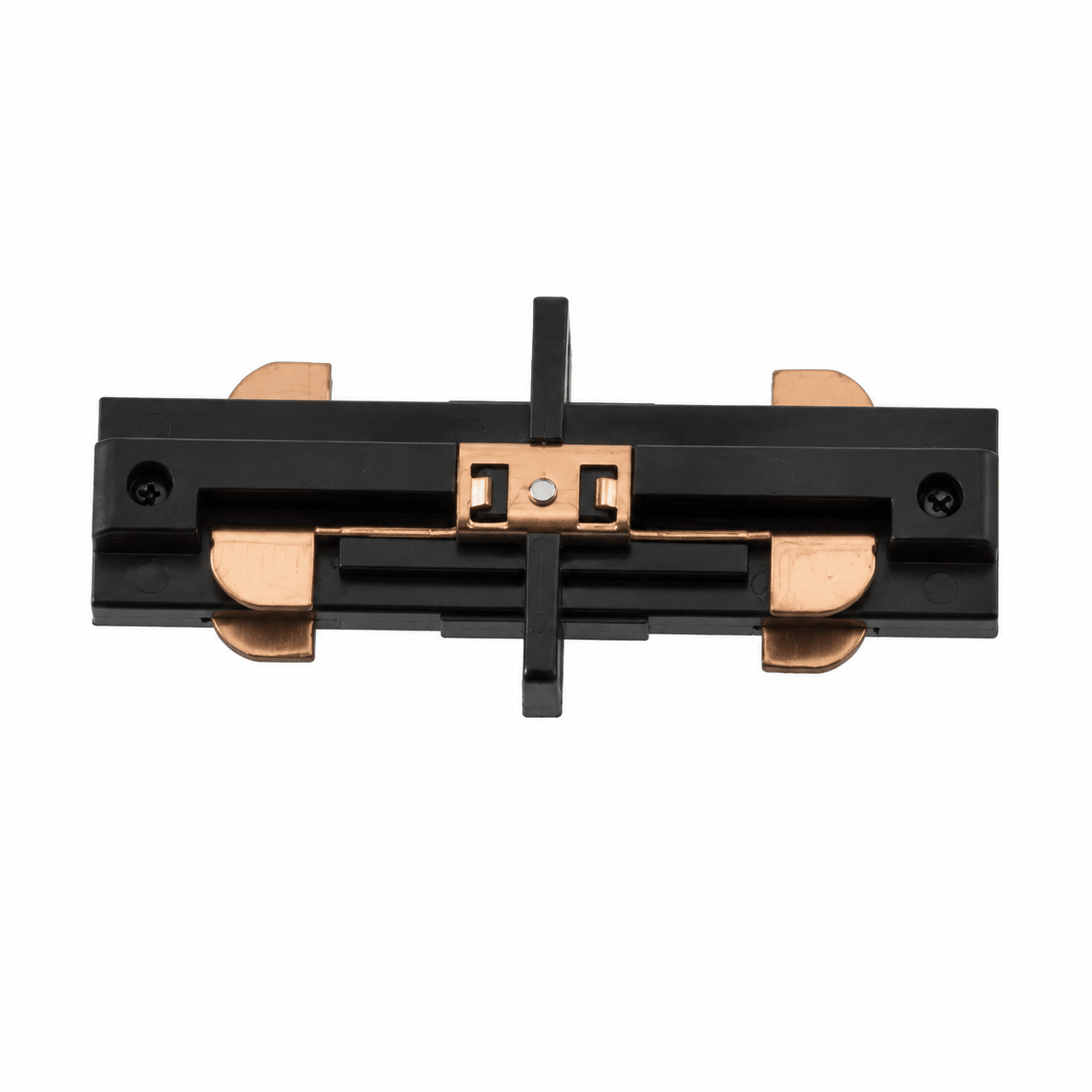 Black 3-wire track connector with copper contacts for secure lighting setup.