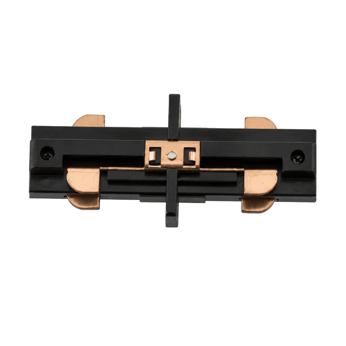 Black straight connector with copper contacts, featuring a flat design and two side clips for attachment.
