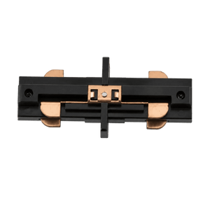 Black straight connector with copper contacts, featuring a flat design and two side clips for attachment.