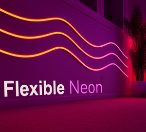 Bendable LED extrusion mounted on a wall, showcasing flowing neon light designs with a plant in the background.