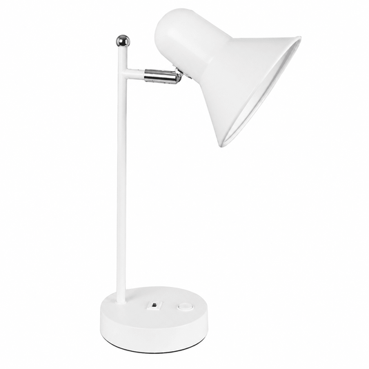 Modern white desk lamp with adjustable head and built-in USB charger on a round base.