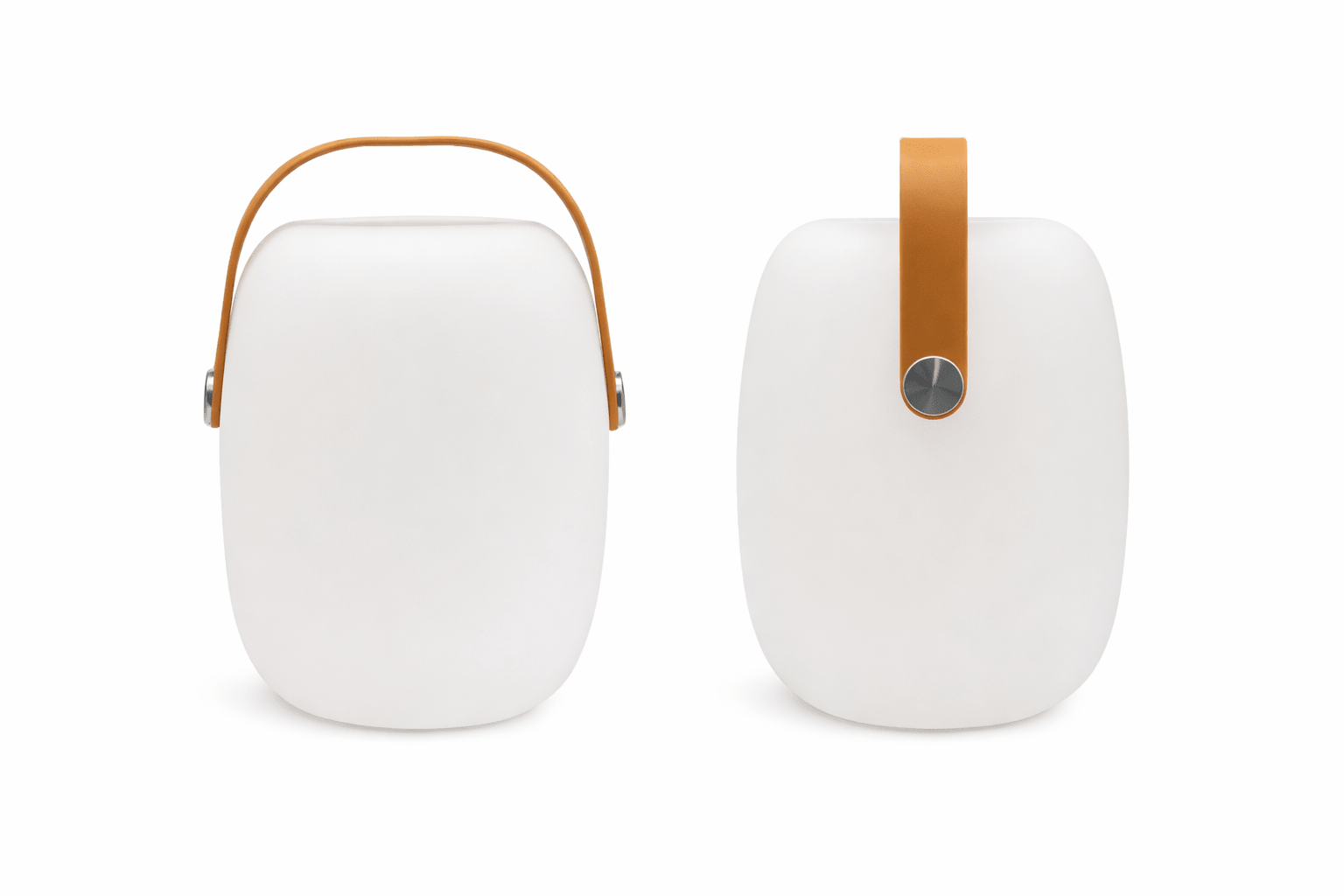 Bon Bon Bedside Night Light with a soft white finish and a leather handle, showcasing its portable design.