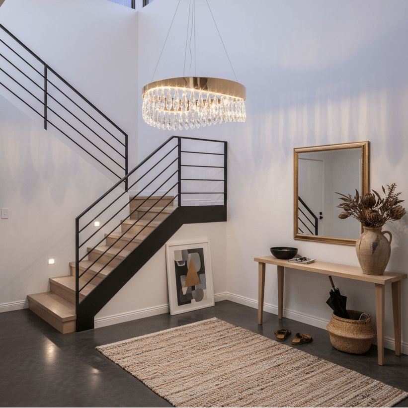 Elegant round chandelier with K9 crystals hanging in a modern foyer, illuminating a stylish entryway.