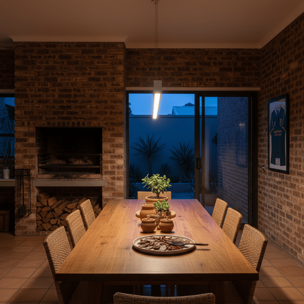 LED pendant light styles for Cape Town homes, glass and metal pendant lighting over a dining table, warm LED glow, realistic 800x800 interior with terracotta, charcoal and brass accents