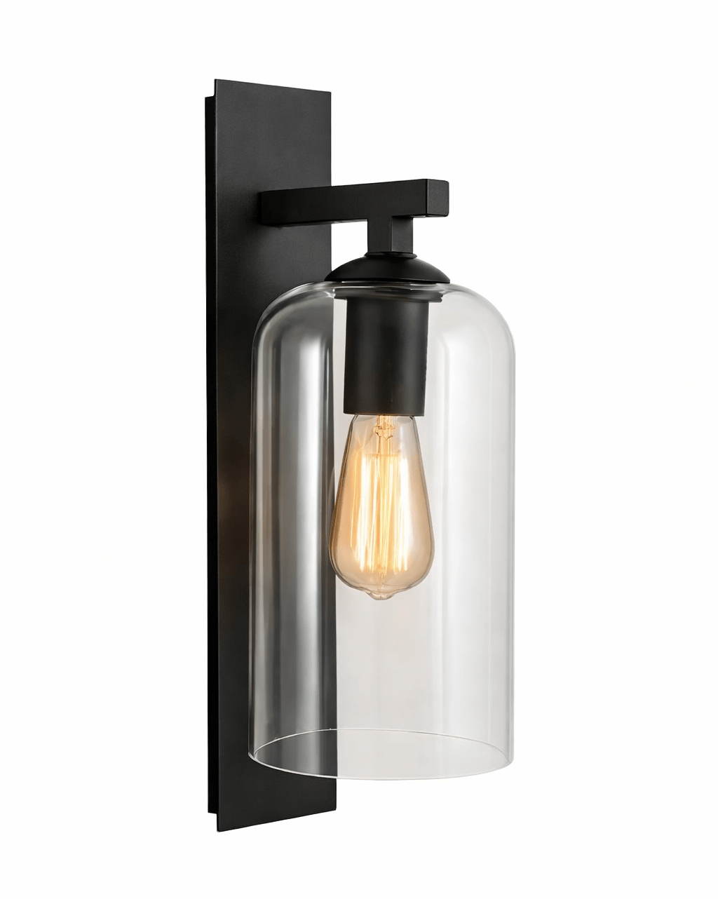 Black wall-mounted light fixture with clear glass shade on a white background