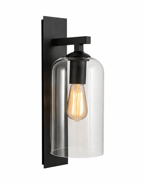 Black wall-mounted light fixture with clear glass shade on a white background
