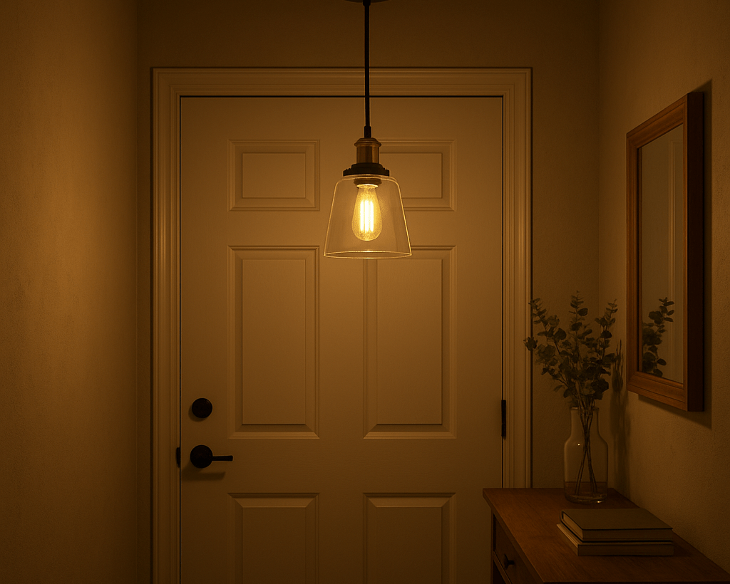 Dimly lit room with a door, hanging light fixture, and small table.