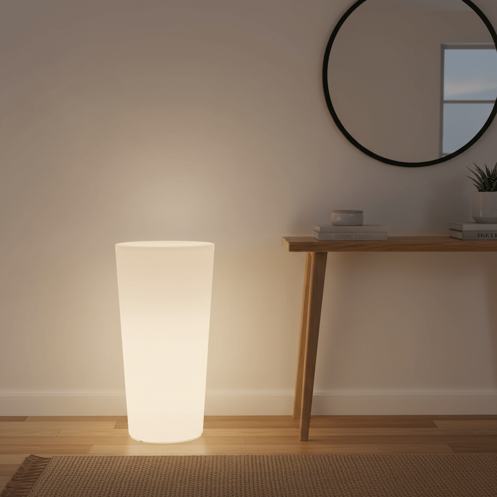 Stylish RGBW planter floor lamp emitting a soft glow beside a wooden console table and mirror.