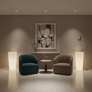 A stylish living room scene featuring two plush chairs, a small table, and a glowing RGBW planter, creating a cozy