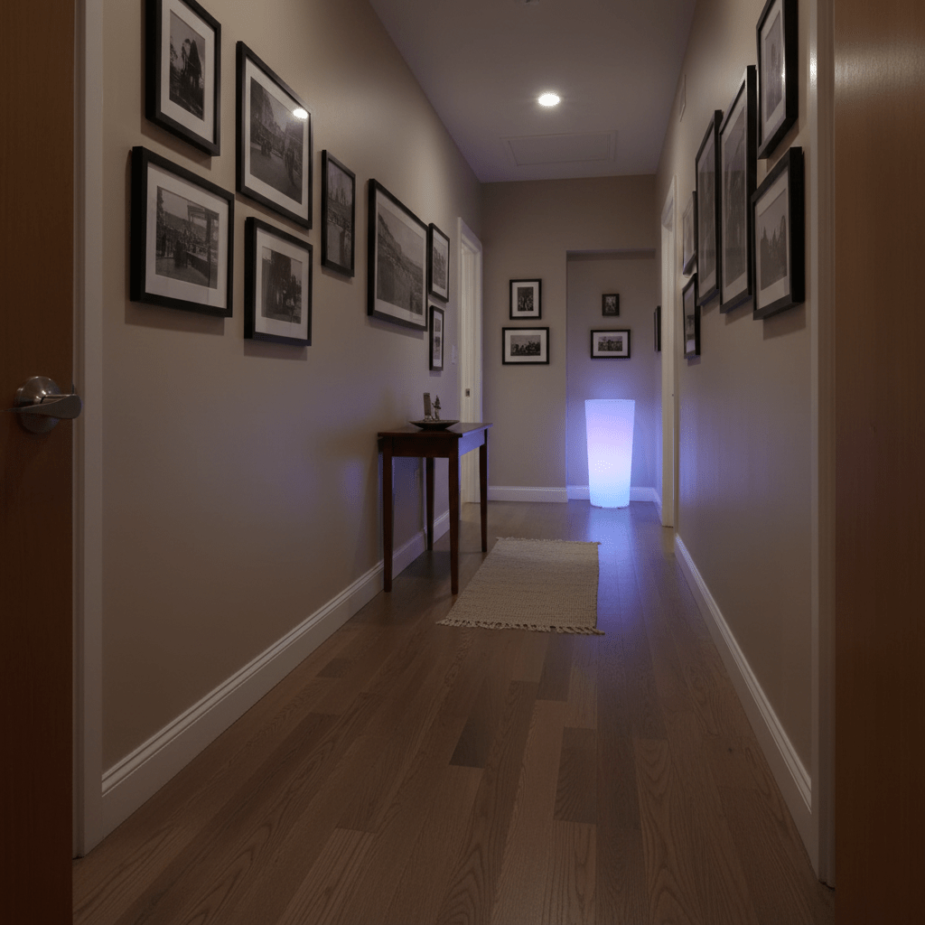 A glowing RGBW planter illuminates a hallway, enhancing the decor with soft light and framed photos on the walls.