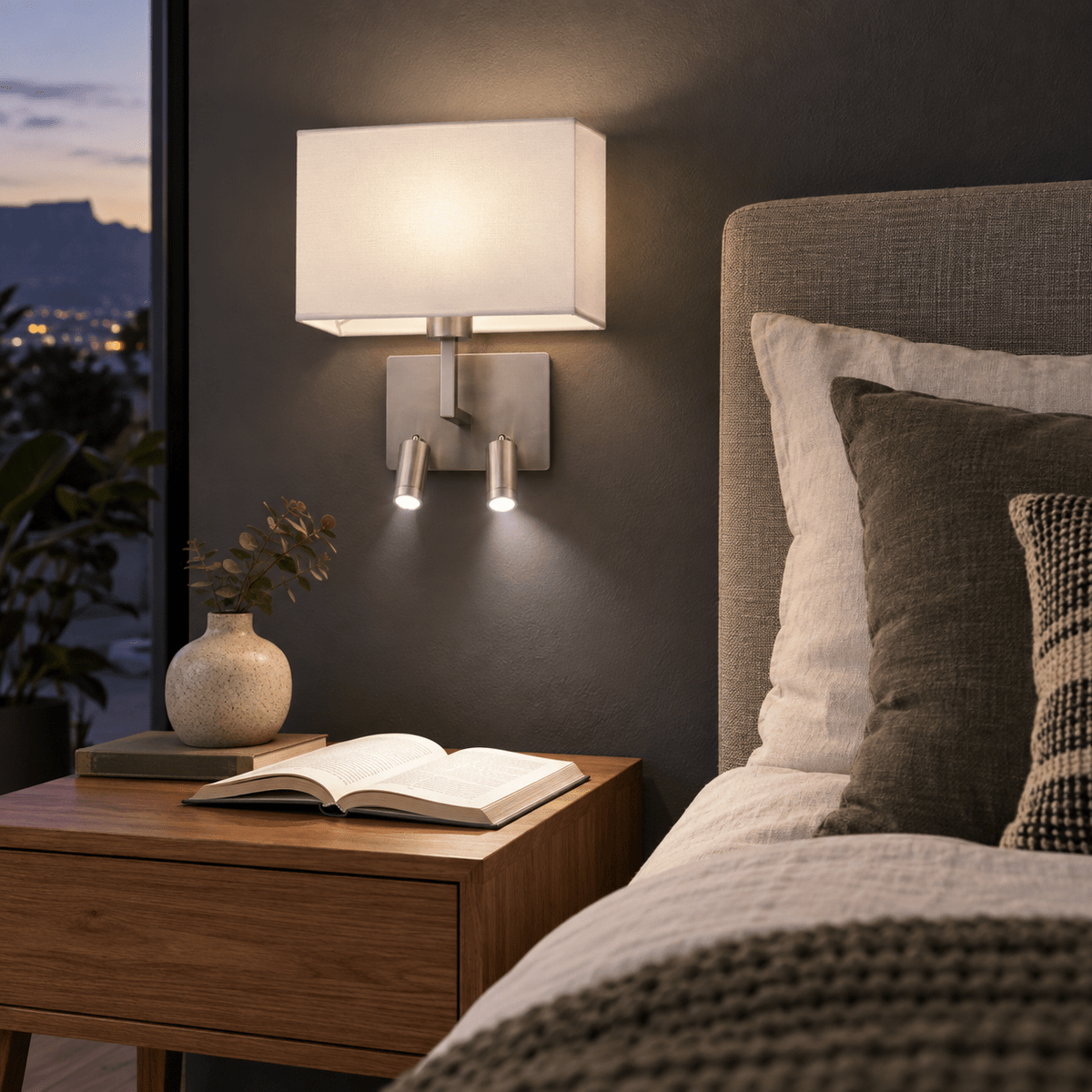 Mata Satin Chrome Bedside Wall & Reading Light, lifestyle scene 1