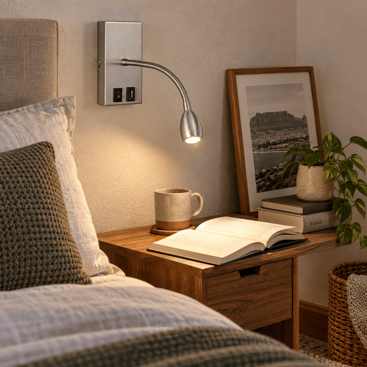 Satin Chrome Goosneck Reading Light & USB lifestyle scene 1