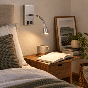 Satin Chrome Goosneck Reading Light & USB lifestyle scene 1