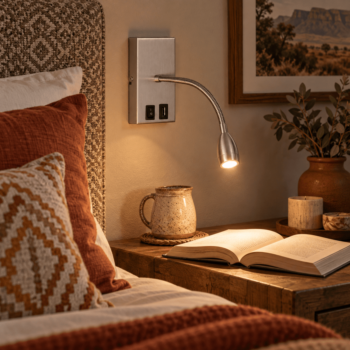 Satin Chrome Goosneck Reading Light & USB lifestyle scene 3