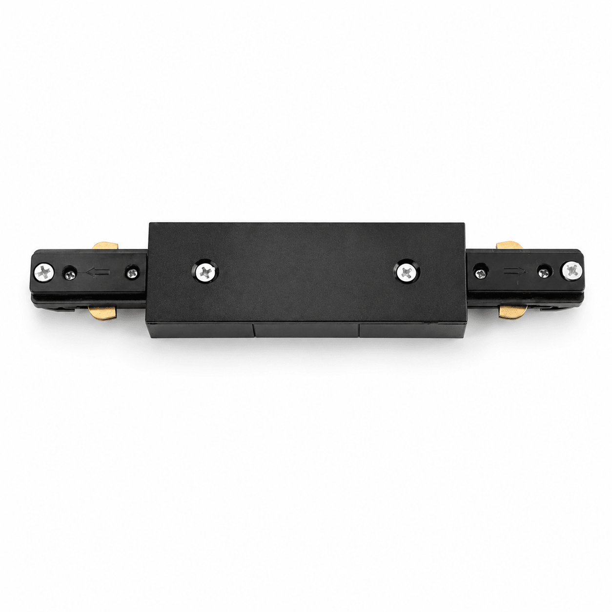 Black 3-wire straight track I-connector with power feed, featuring metal construction and secure connections.