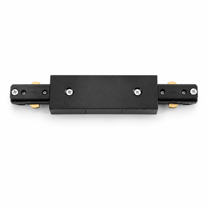 Black 3-wire straight track I-connector with power feed, featuring metal construction and secure connections.