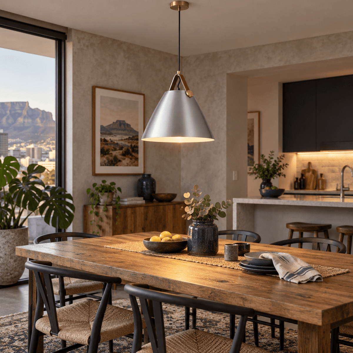 Helly Silver & Leather Cone Pendant Light lifestyle scene 1