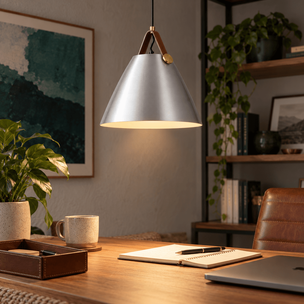 Helly Silver & Leather Cone Pendant Light lifestyle scene 3