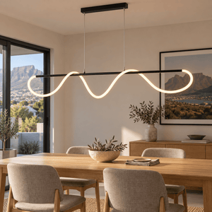 Flex Linear Silicon CCT Pendant Light — over an oak dining table