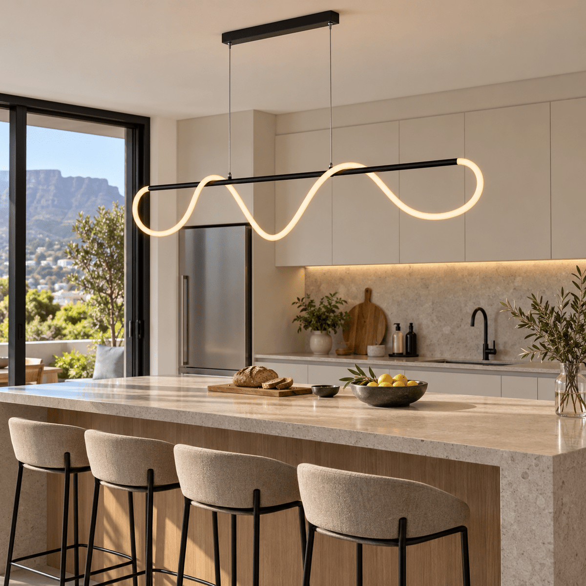 Flex Linear Silicon CCT Pendant Light — above a kitchen island