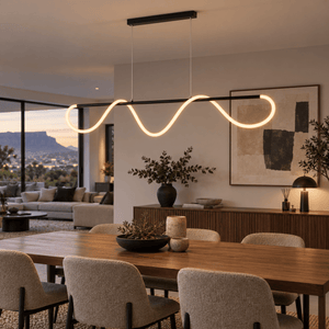 Flex Linear Silicon CCT Pendant Light — in an open-plan dining area
