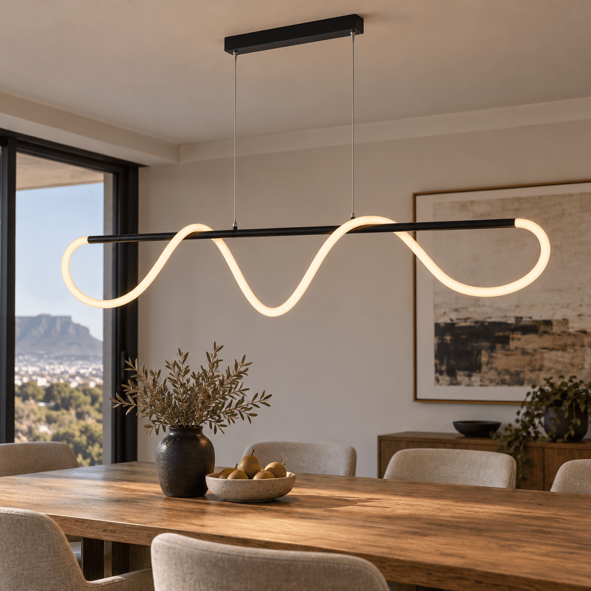 Flex Linear Silicon CCT Pendant Light — silicone wave and suspension detail