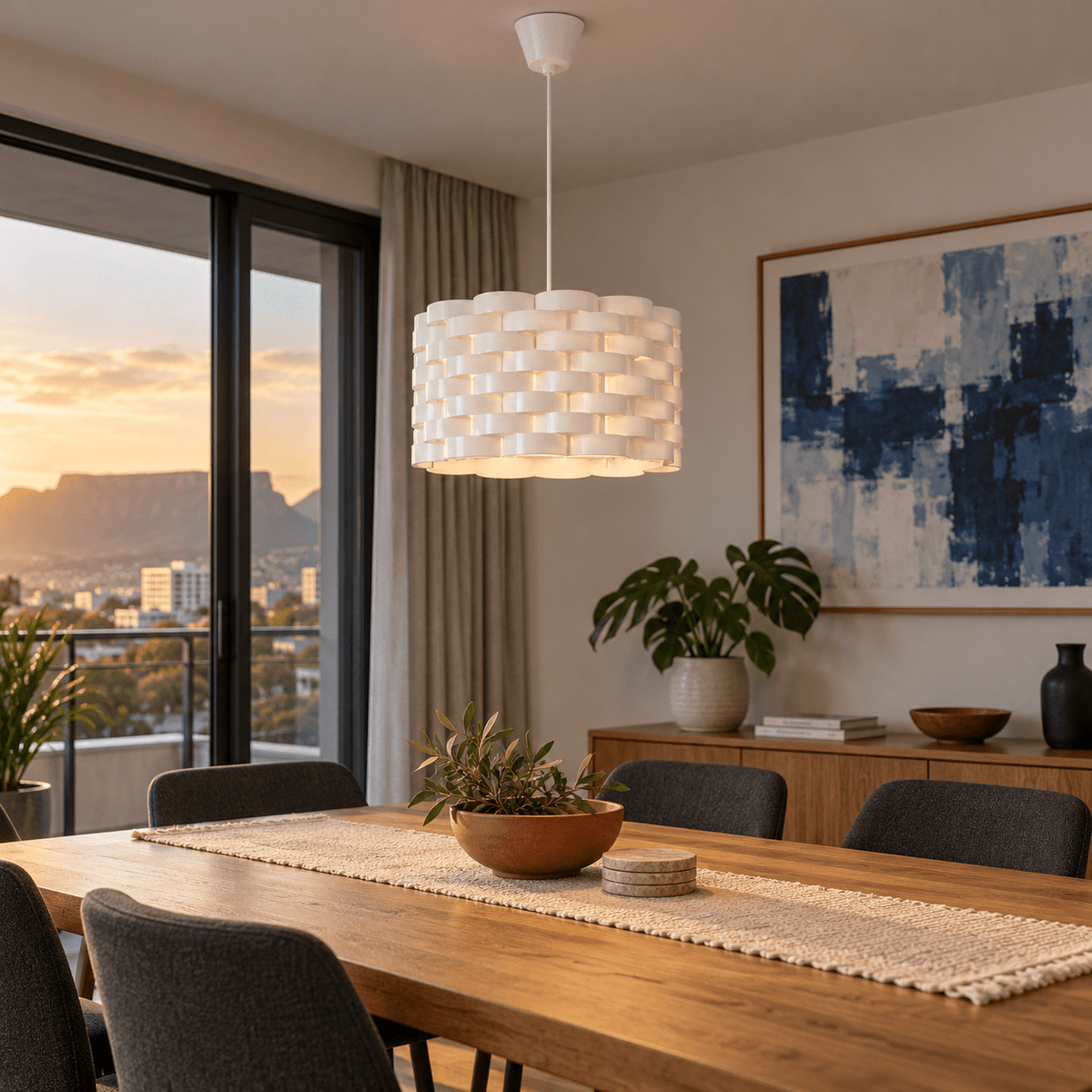 Inter Acrylic Pendant Light — above an oak dining table in daylight